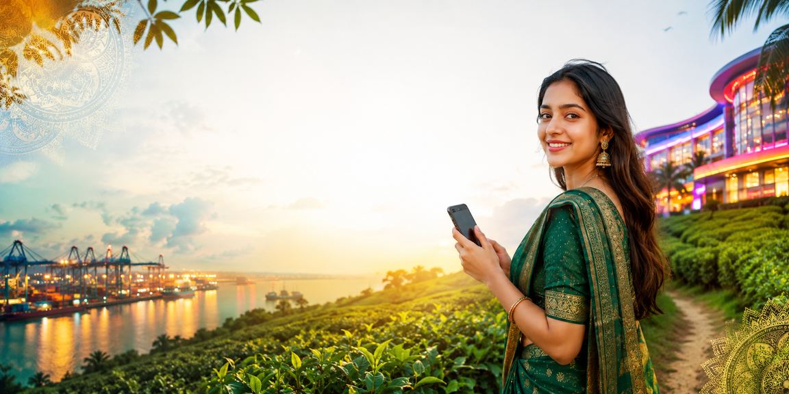 নড়য়গঞ্জ ক্যাসিনো অ্যাপের চা বাগানের দৃশ্য, যেখানে মোবাইল স্ক্রীনে স্লট গেম দেখা যাচ্ছে